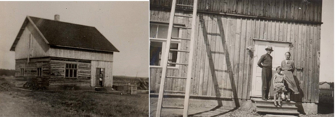 På bilden t.v. den nybyggda gården år 1932 och t.h. står Johannes och Sylvi på trappan tillsammans med dottern Alli år 1934.