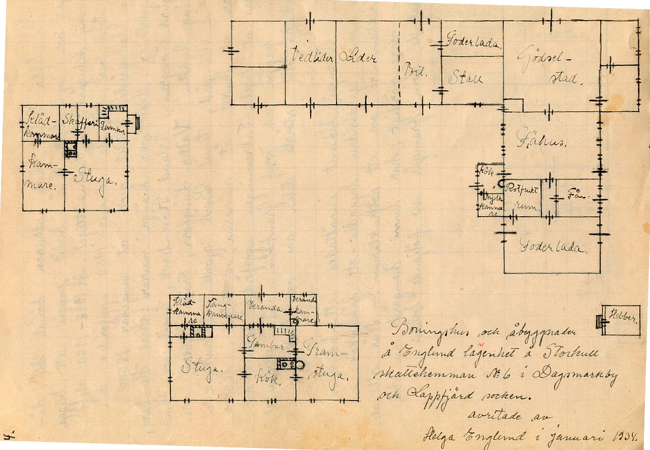 Ovanpå fähuset byggdes ett hönshus, på gårdssidan byggdes ett fähuskök, en mjölkkammare och ett rotfruktsrum. År 1934 har Helga Englund gjort upp en ny ritning, där nya uthuset är med.