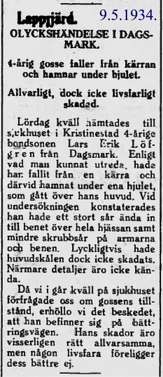 Så här skrev tidningen Syd-Österbotten om en olycka som Lars Löfgren var med om som 4-åring.