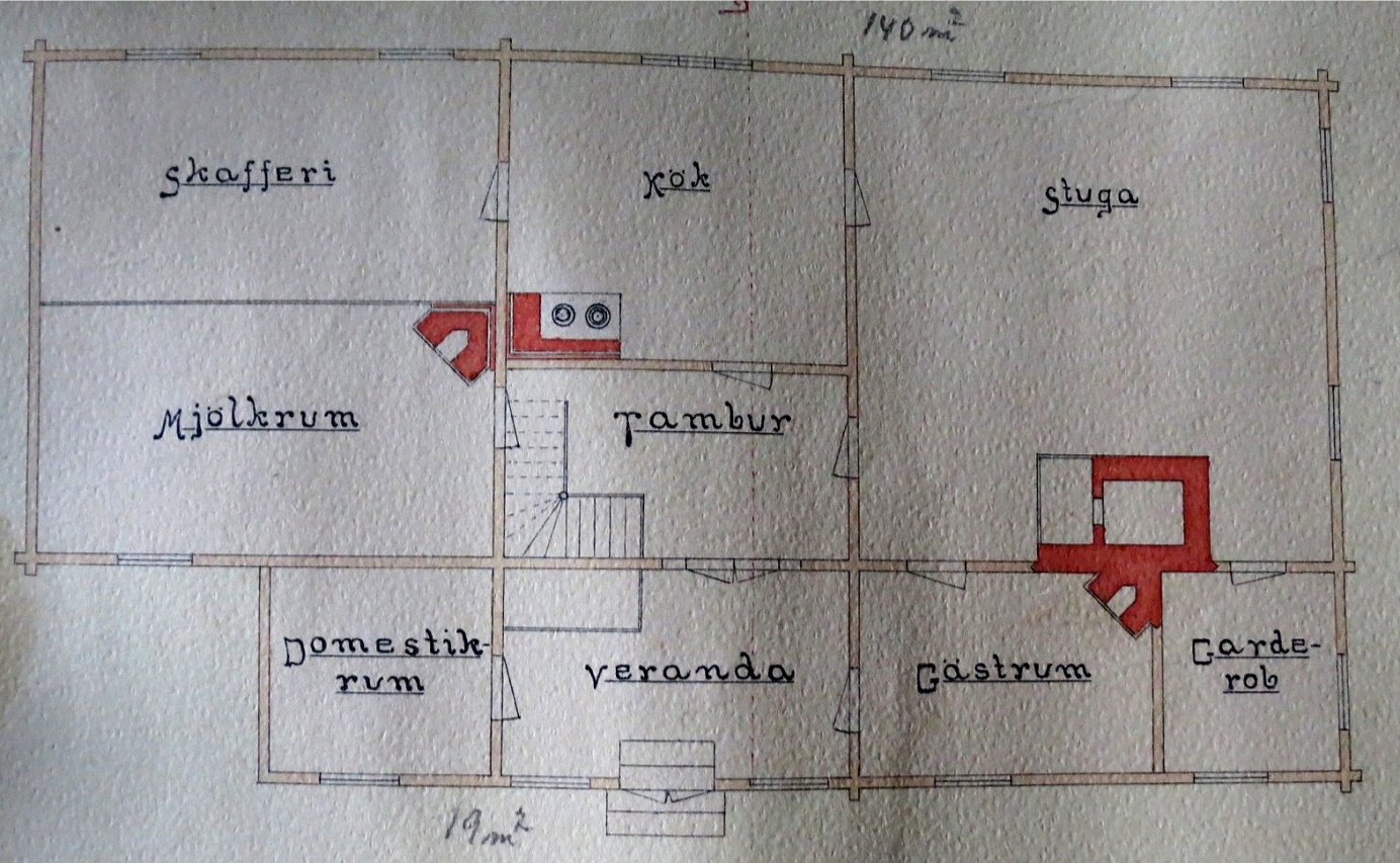 Den här planritningen uppgjordes år 1908 av Emil Storkull då han gick i industriskolan i Vasa. Emil var bror till Erik Anders Englund. Emil var också med och byggde folkskolan i Dagsmark år 1909 men dog i lungsot år 1912, endast 24 år gammal. Domestikrummet som finns i nedre vänstra hörnet är ett rum passande för tjänstefolket. 