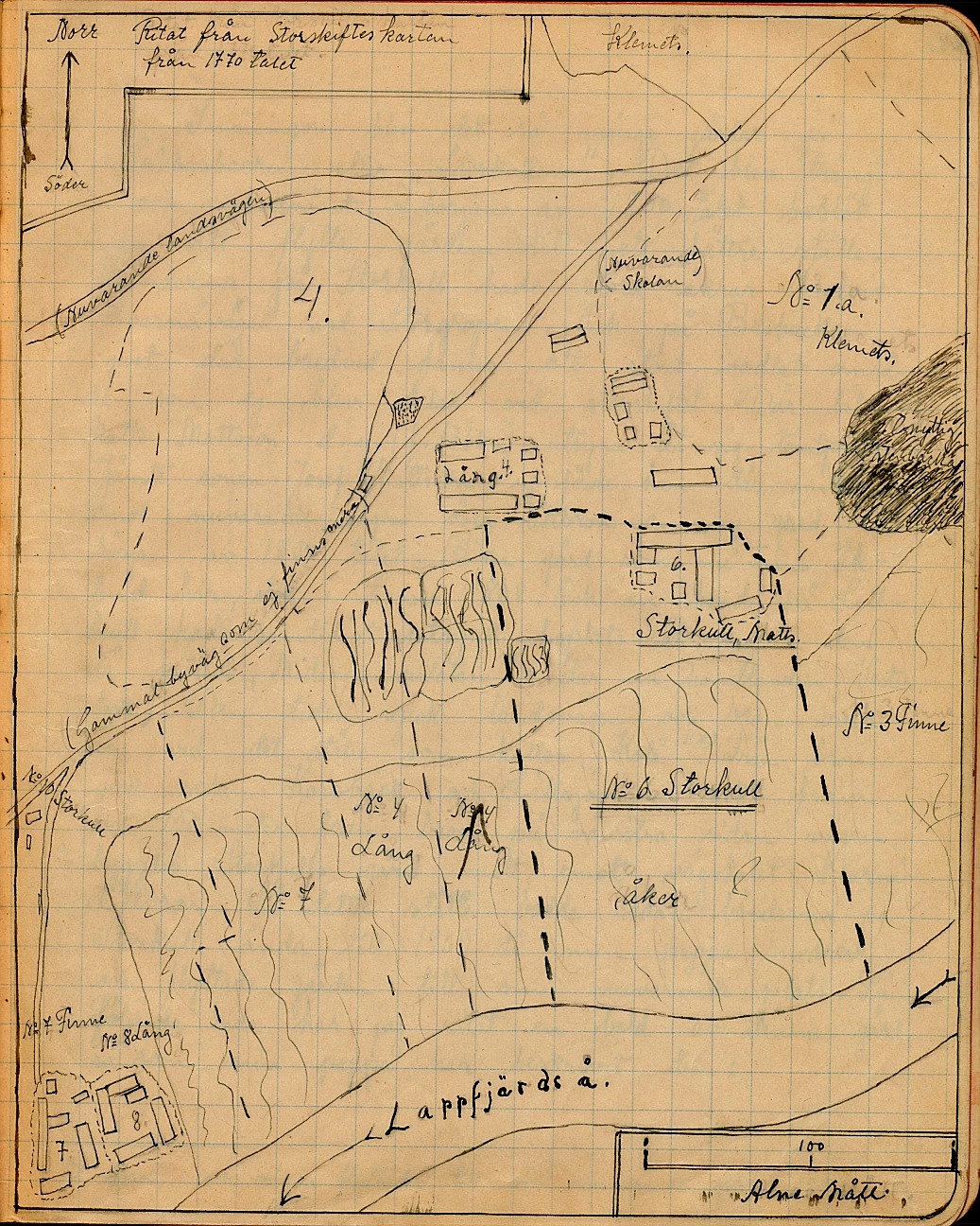 Den starka streckade linjen visar var hemmanet fanns år 1770. Dagens skolbyggnad ligger rätt ovanför. Ritningen gjord av läraren Einar Lind.