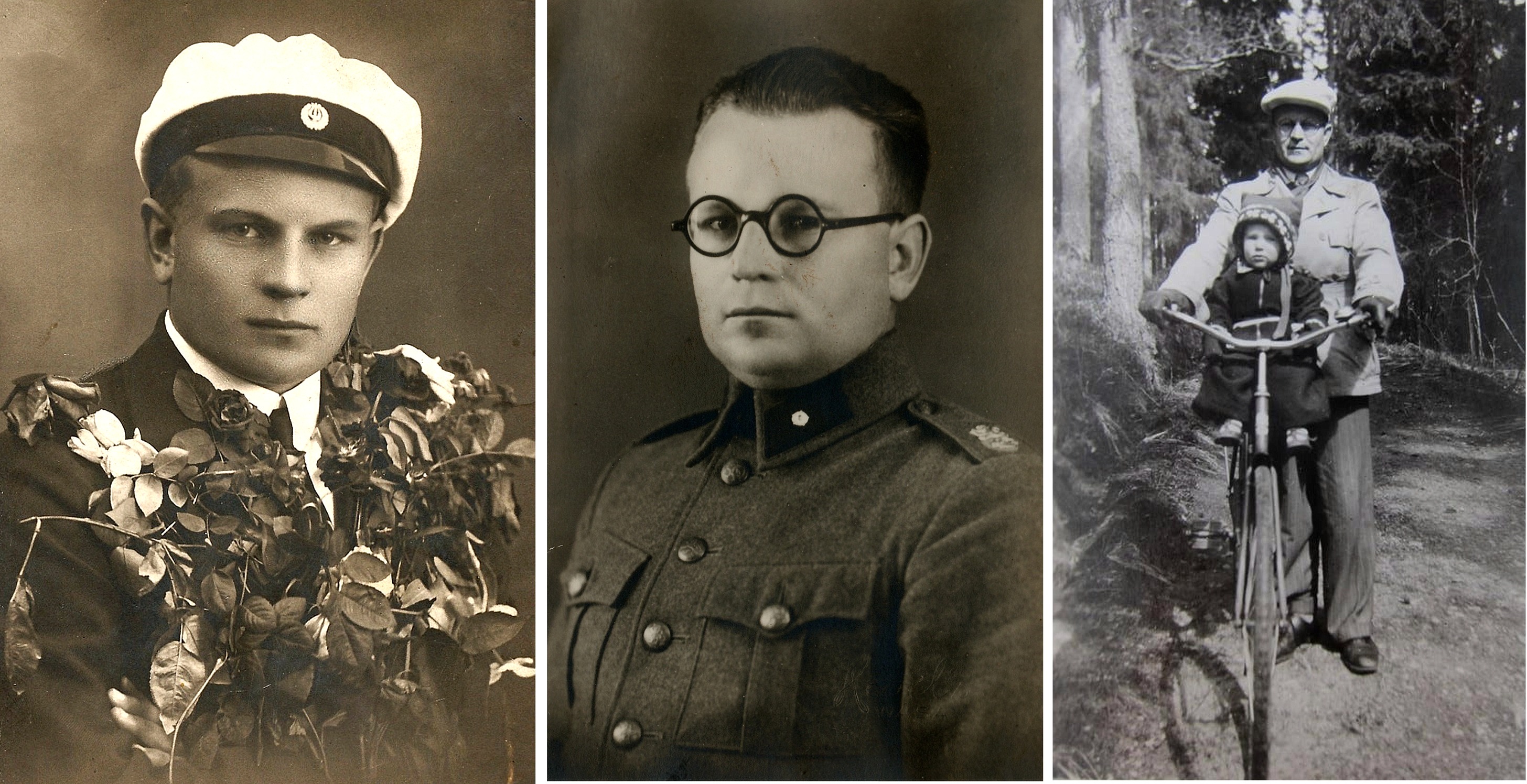 Här 3 foton av Bertel i olika livsskeden, först som student från samskolan i Kristinestad, sedan fänrik i militären och till höger som pappa.