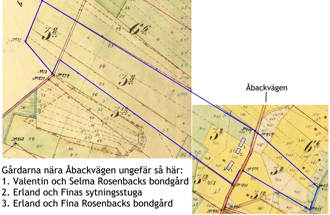 Hemmanet Rosenstedt på 0,0347 mantal som utgjorde 5/66 mantal av Rosenback hemman, ägdes av "Åsinas-Hindrik", alltså Henrik Johansson Rosenback men som under storskiftets gång övertogs av sönerna Valentin Rosenback och Erland Rosenback. Valentins del av hemmanet övertogs sedan av sonen Eskil Rosenback och har sedan kommit i familjen Wiklunds ägo och Erlands gård övertogs av Nils och Helvi Klemets. Erlands hemman övertogs av Selim Rosenback (1911-1945) som var son till Valentin Rosenback. Selim gifte sig år 1939 med Elin ”Ottoas-Elin” Hietaoja som bodde nära Bergåsen på Korsbäckvägen. Efter Selims död flyttade Ottoas-Elin på 50-talet tillbaka till Bergåsen och hemmanet såldes i olika repriser åt Nils Klemets. 