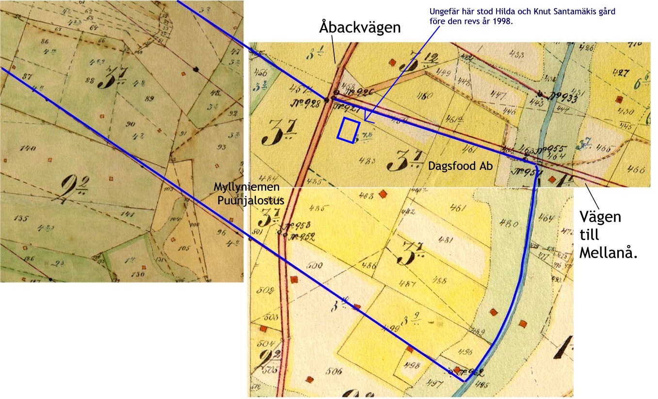 Här på storskifteskarta så ser vi var Rosenberg hemman 3:7 fanns i tiderna. Hilda och Knut fick en del av hemmanet i den östra sidan av hemmanet, från ån allt upp mot skogen. I början på 50-talet sålde Knut mark då den finska folkskolan skulle byggas, utefter Mellanåvägen nära ån.