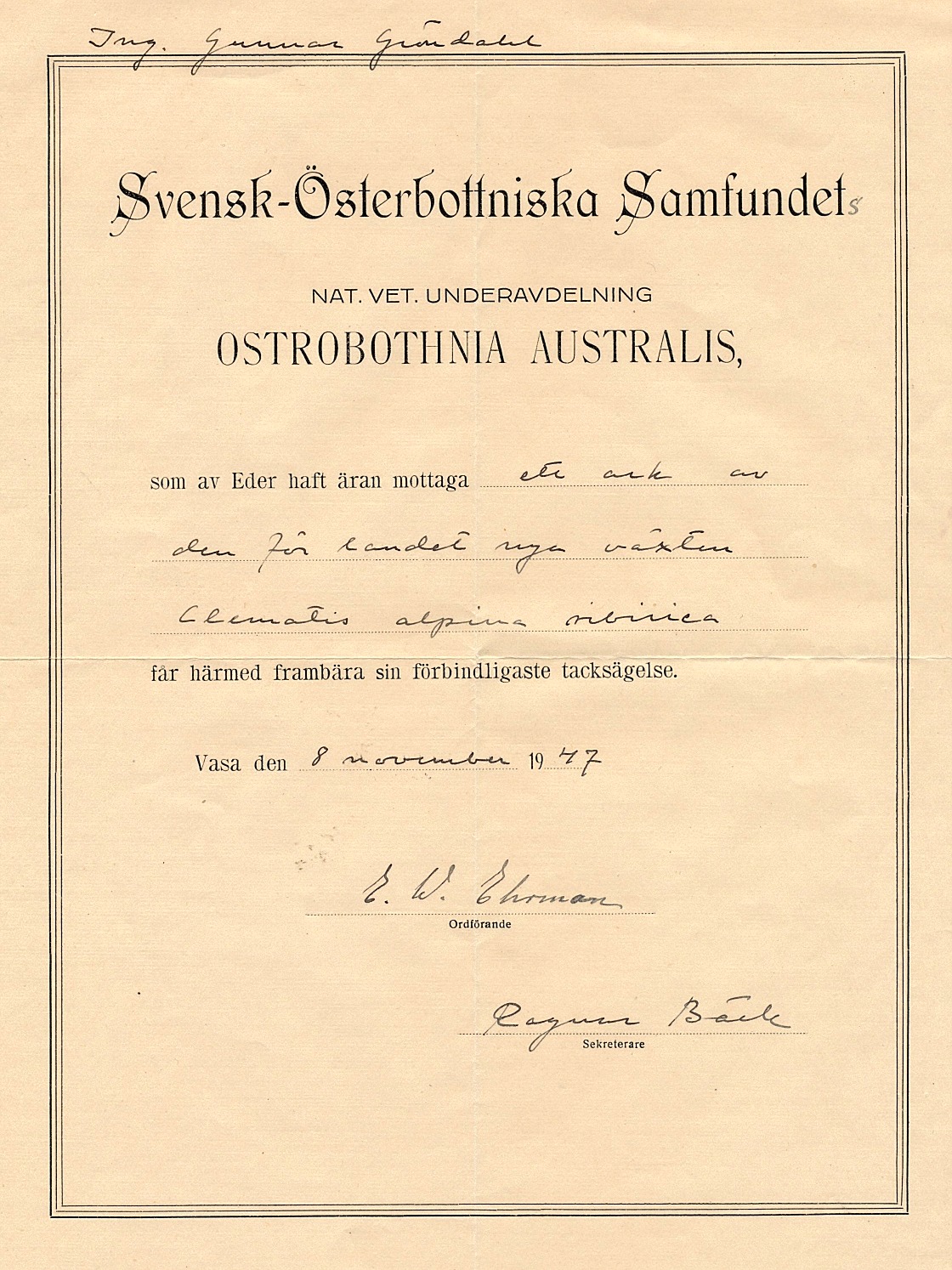 I november 1947 fick Gunnar Gröndahl detta diplom för fyndet av den unika sibiriska sipprankan.