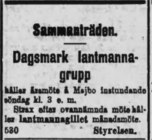 Annons i tidningen Syd-Österbotten som kallade till möte på Majbo. 