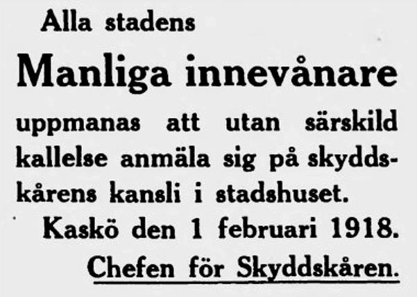 Annons i Kaskö Tidning 6.2.1918.