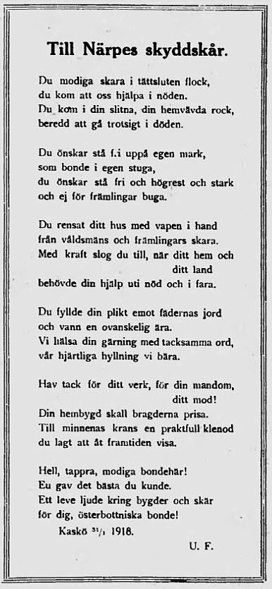 Kasköbornas tackdikt till skyddskåristerna i Närpes, införd i Kaskö tidning 6.2.1918.