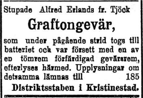Den 16 februari 1918 efterlyste staben ett Graftongevär som tjöckbon Alfred Erlands skulle ha haft med sig.