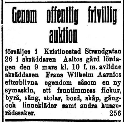 Den 9 mars hölls det auktion efter skräddaren och ledaren för rödgardisterna i Kristinestad Frans Aarnio,