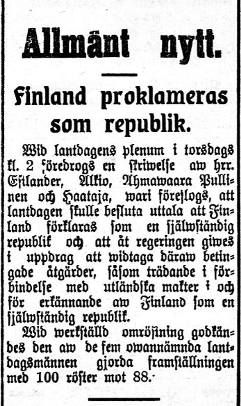 Det var inga braskande rubriker i Syd-Österbotten efter att Finlands lantdag förklarat landet självständigt. Artikeln från 8 december 1917.