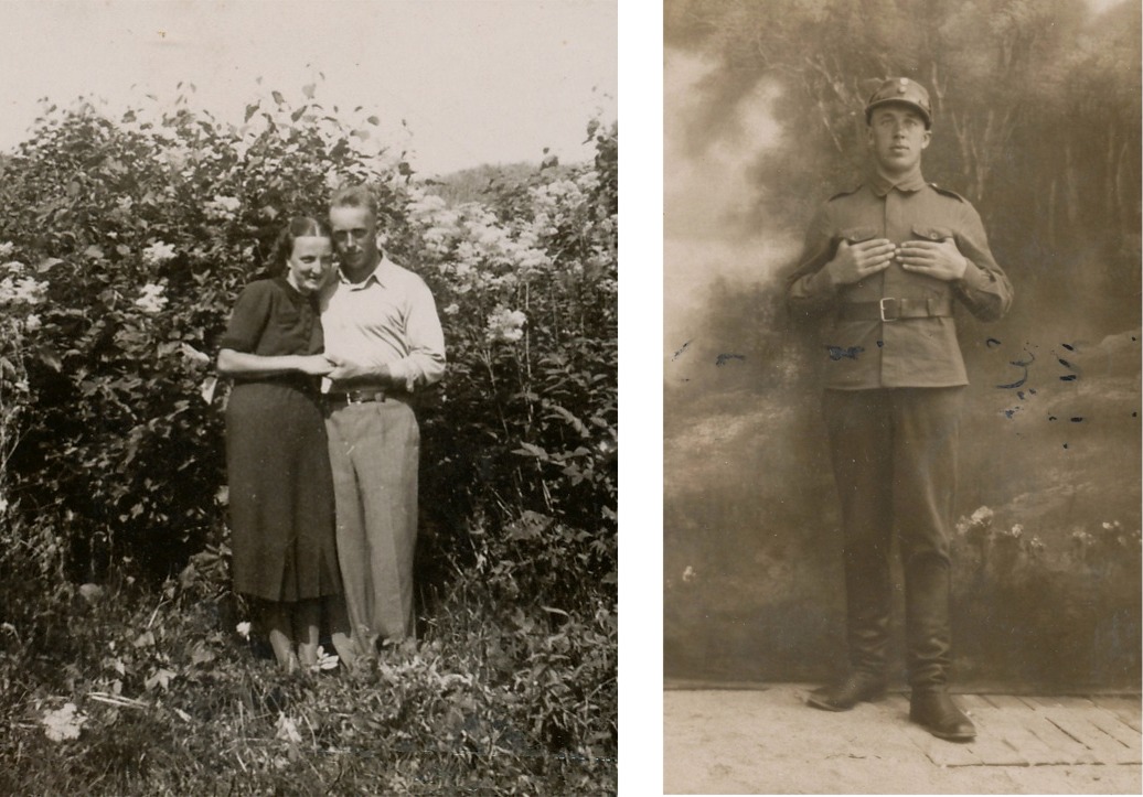 Gerda och Bertel Krook på fotot till vänster och på fotot till höger Bertel Krook i armén.