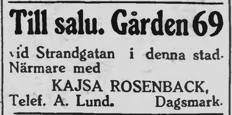 Annons 31.1.1928 i tidningen Syd-Österbotten, då Kväänå-Kajs säljer sin gård i stadin