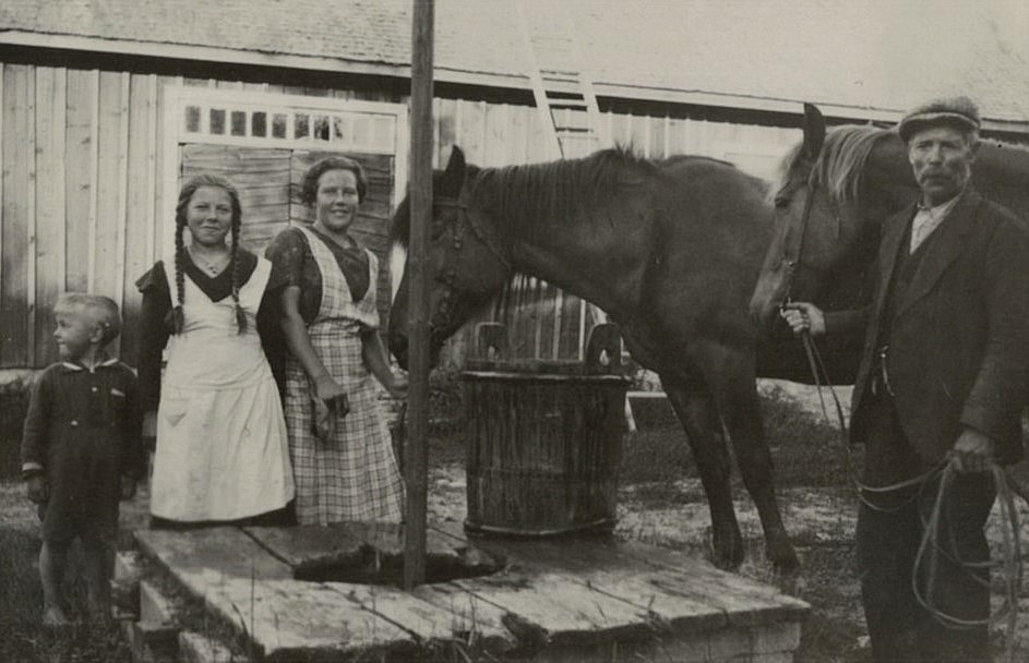 Här står Paul, Helga och Inga tillsammans med pappa Erik Anders och vattnar de båda hästarna. Fotot från mitten på 30-talet.