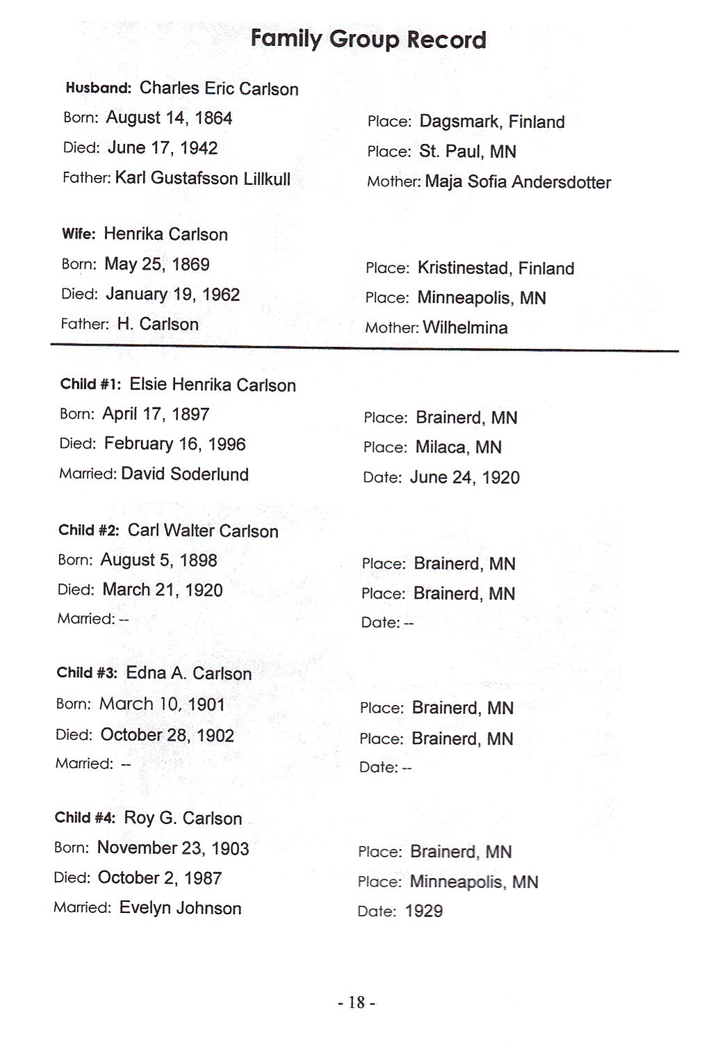 Sid 18, Family Group Record