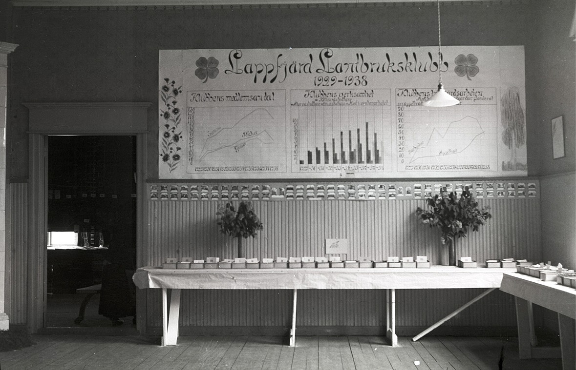 Lantbruksklubben hade en egen avdelning, med överskådlig statistik över utvecklingen sedan starten 1929. På borden prover på olika produkter.