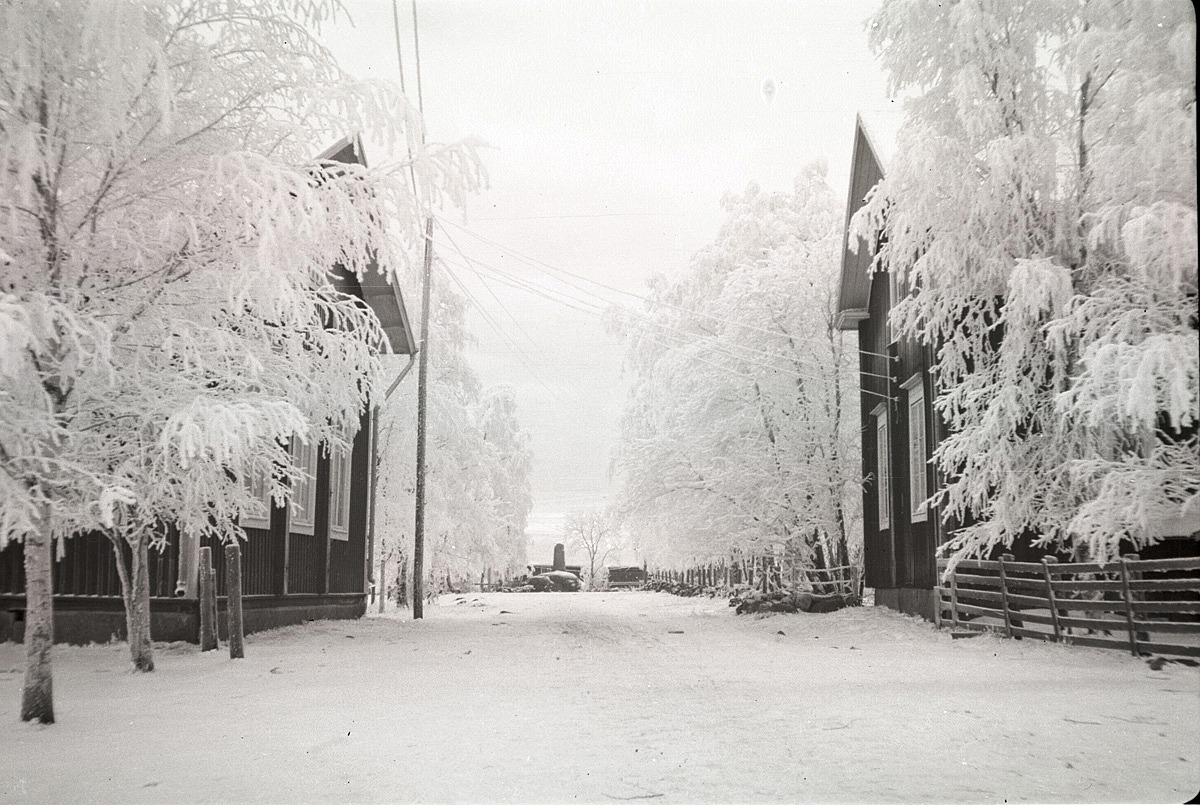 Vintrarna under så gott som hela 1930-talet hade varit milda men vintern 1939-40 var verkligen kall. Bakom rimfrosten i björkarna syns gavlarna av södra folkskolan och lärarbostaden. I bakgrunden syns minnesmärket från 1808-09 års krig.