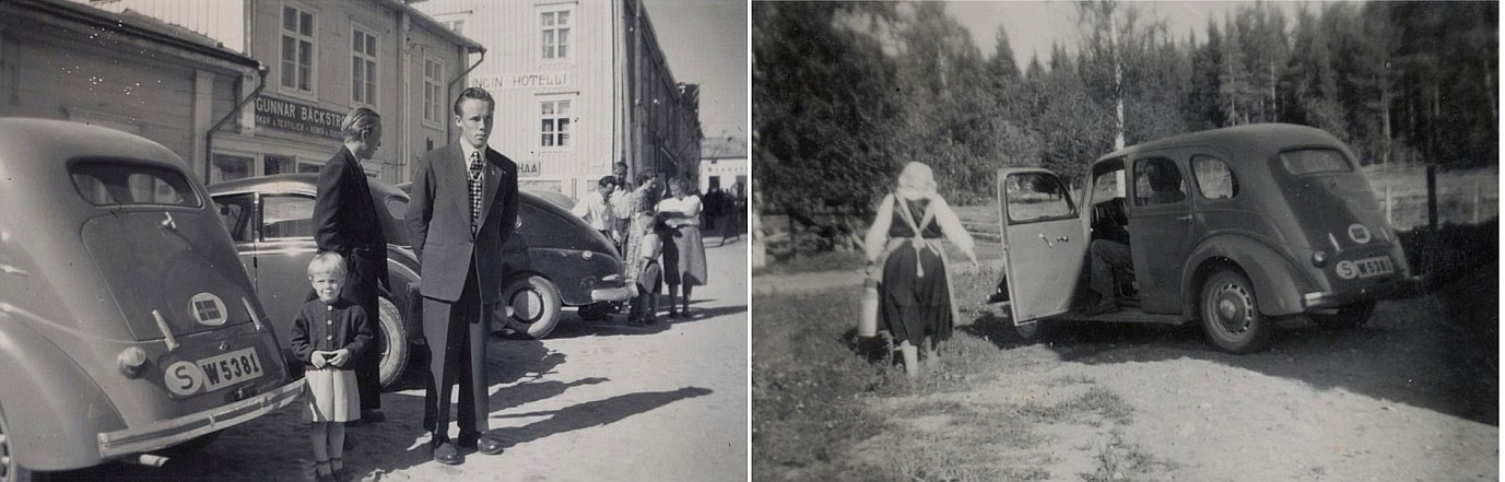 På bilden t.v. Boris och Rune Lindblad i Kristinestad tillsammans med Eila Eskola. På bilden till höger Hulda med mjölkkannan och Alvar Eskolas fina bil. 