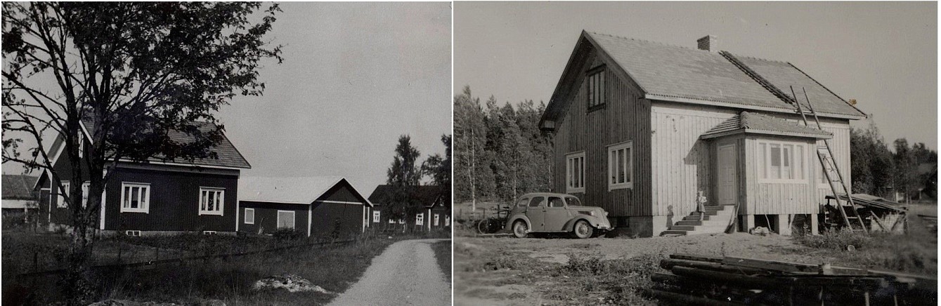 Här Lindblads nya gård i Lillsjö. På fotot till vänster syns ”Nymanas” Selim Rönnlunds gård i bakgrunden. Ford-bilen som finns på den högra bilden tillhörde Alvar och Gerda Eskola som bodde i Avesta i Dalarna, som var på besök. Det här var inte enda fordonet som Alvar och Gerda hade, för en sommar kom de cyklande från Avesta med en tandemcykel. Den var försedd med en motor som användes vid behov och bra gick det, för hela familjen rymdes med på cykeln.