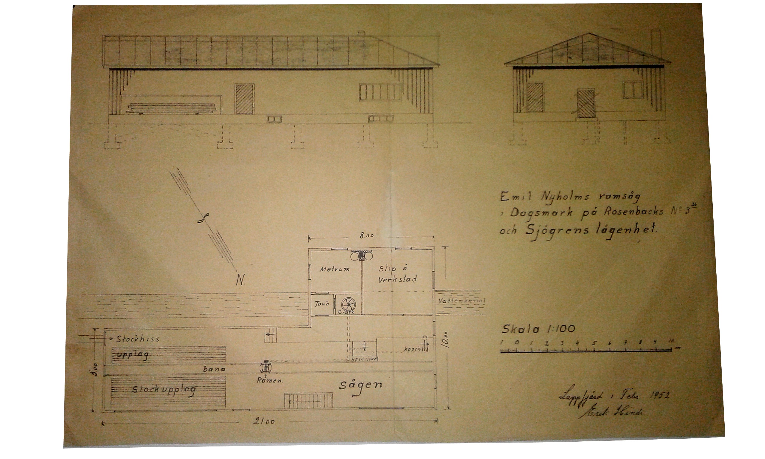 I februari 1952 gjorde byggmästaren Erik Hinds denna ritning till Emil Nyholms nya sågbyggnad. Byggnadsnämnden i Lappfjärd godkände ritningarna och ordföranden Gunnar Gröndahl skrev kort och gott "Godkänd" på baksidan av ritningen.