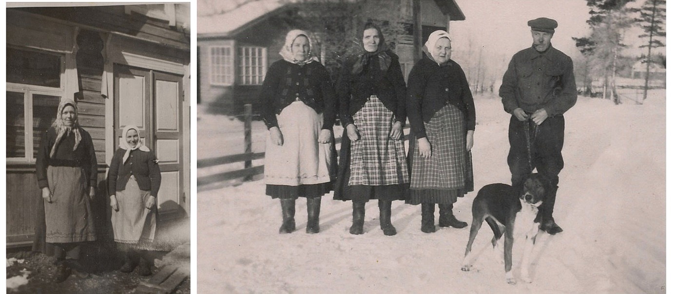 På det lilla fotot står Ida Rönnlund t.v. bredvid Hulda Lindblad. På det större fotot fr.v. Hulda Lindblad, Amanda Hällfors, Vilhelmina och Josef Berglund utanför Berglunds lillstuga i Lillsjö. Foto från början på 1950-talet. 