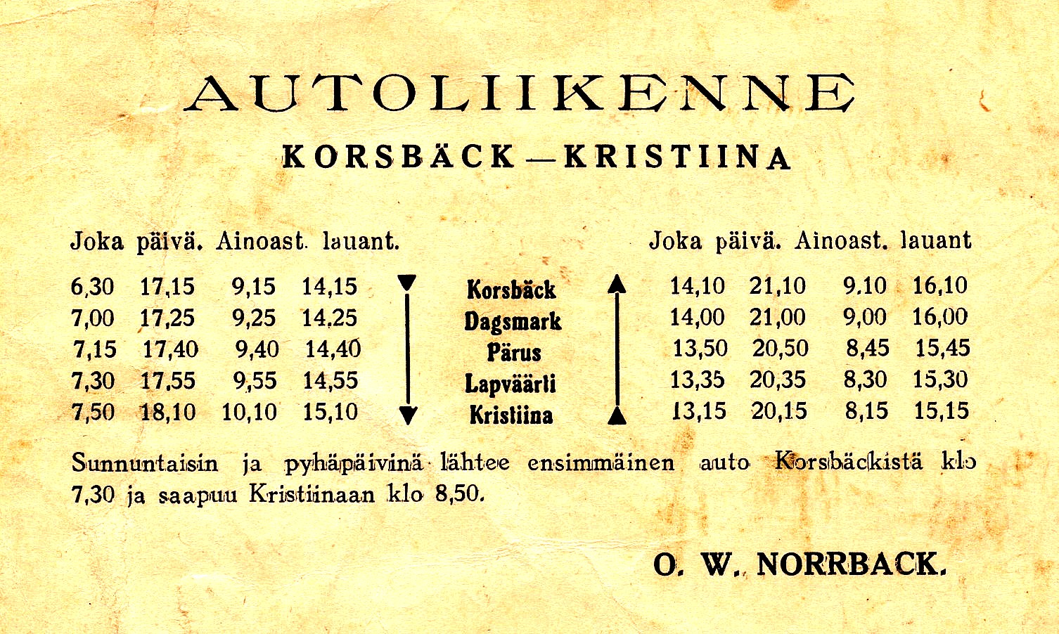 Norrback idkade också regelbunden busstrafik mellan Korsbäck och Kristinestad. Max Klockars har hittat denna tidtabell som förvånande nog är på finska.