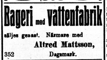I mars 1919 bjuder Alfred ut sitt bageri med "vattenfabrik" i tidningen Syd-Österbotten. Någon försäljning blev det dock inte denna gång.