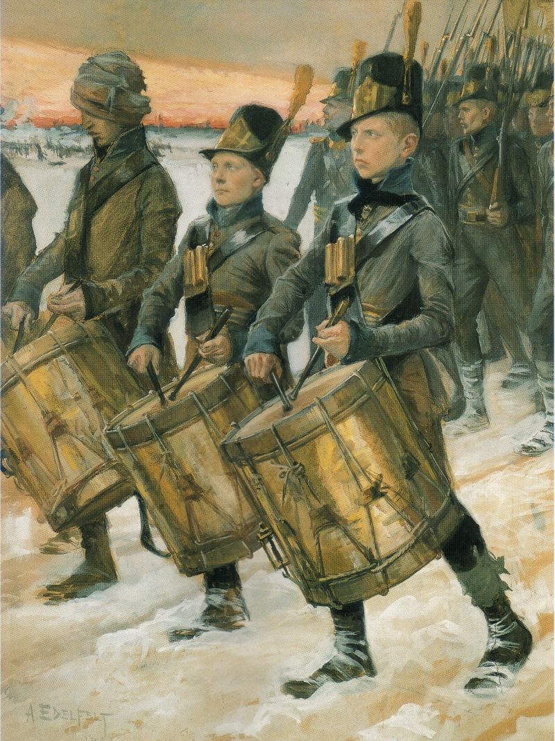 Albert Edelfelts akvarell "Björneborgarnas marsch" från 1900 visar en del av de svensk-finska trupperna under det Finska kriget 1808-09.