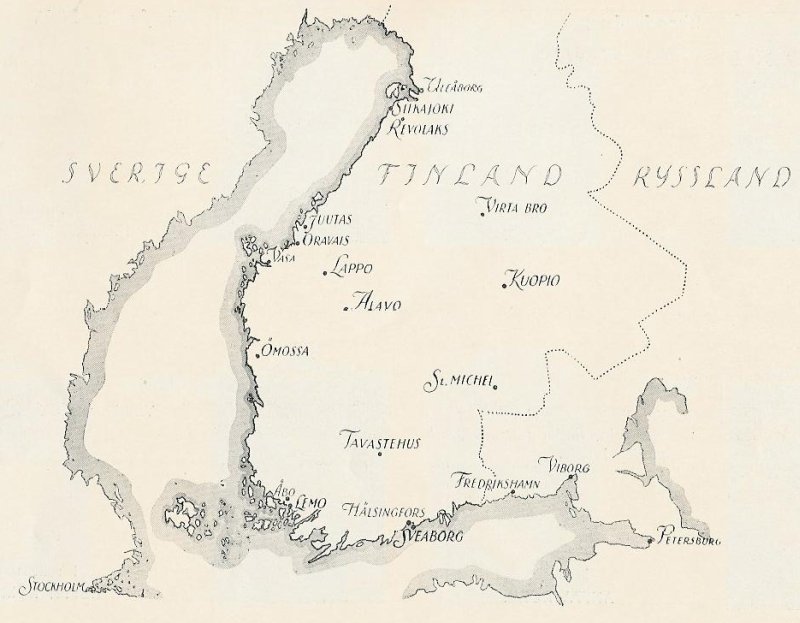 På kartan syns de viktigaste orterna i Finland under det Finska kriget 1808-09.