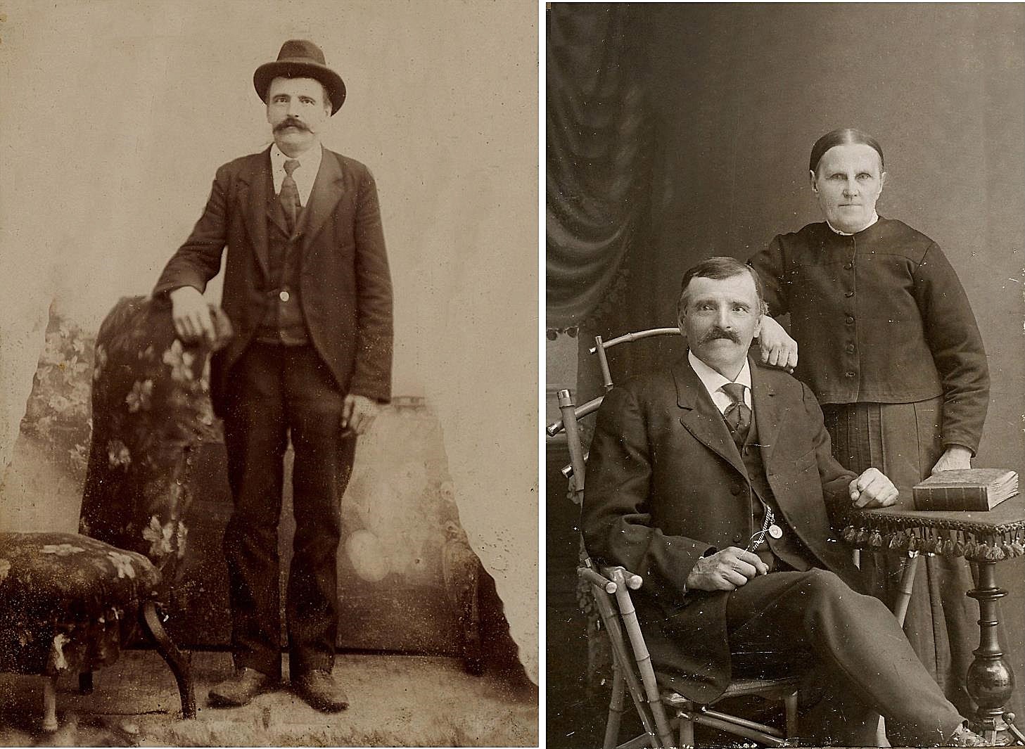 På fotot till vänster Erik Rosenback, då han vistades i Boston i Amerika. På fotot till höger sitter Erik i stolen och hustrun Maria står bakom.