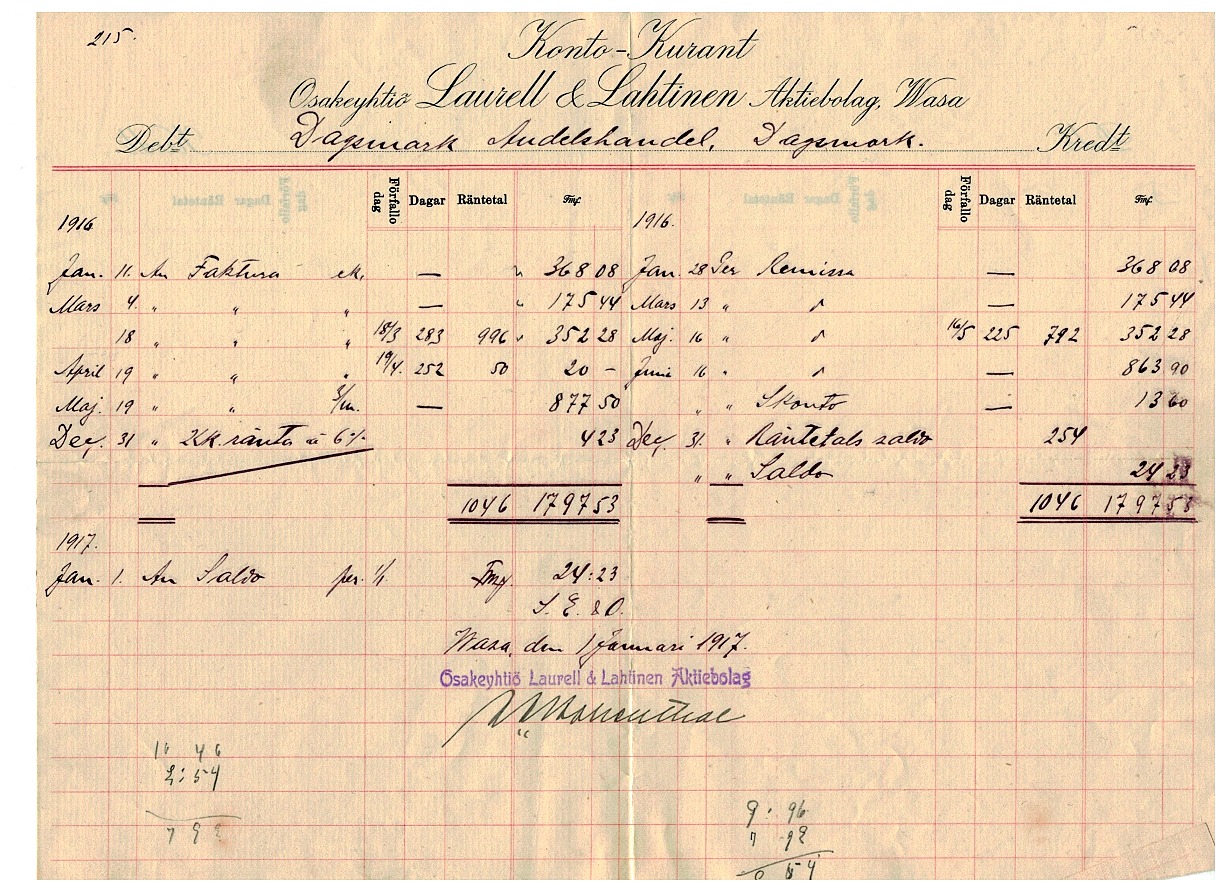 Oy Laurell & Lahtinen Ab i Vasa skickade denna Konto-Kurant över Andelshandelns inköp under år 1916.