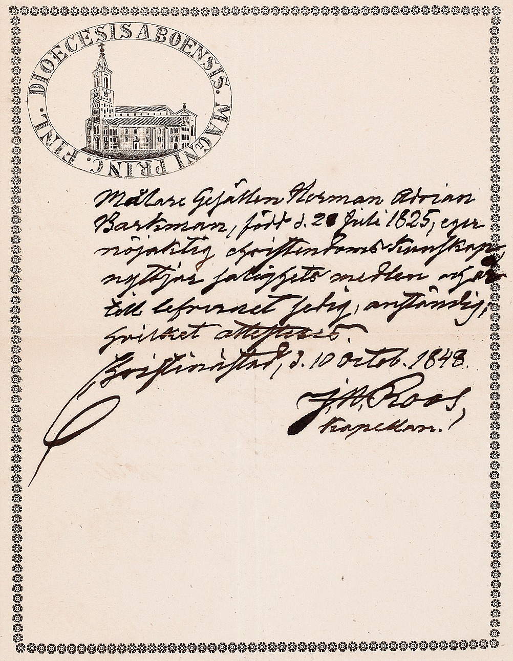 Kaplanen Roos rekommenderar målargesällen Herman Adrian Barkman, i Christinestad 1848. Brevet finns i Finska konstföreningens arkiv. 