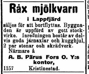 Den 12.2.1921 bjöd Pärus Fors ut Råx kvarnen som låg lite nedanför Storholmen.