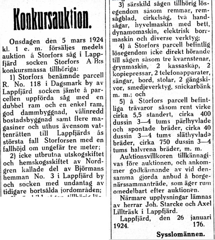 I början på februari 1924 annonserade sysslomännen i Syd-Österbotten att allt lösöre och fastigheten skulle säljas på auktion.