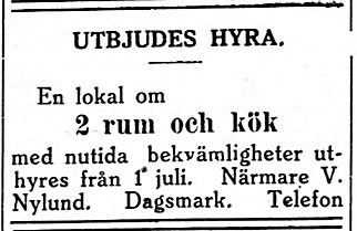 19.6 Viktor Nylund bjuder ut rum, troligen i den nya gården som han hade byggt på Östra sidan i Kristinestad.