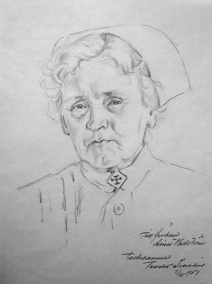 Det här porträttet fick Aina Wadström då hon 1951 gick i pension från sin tjänst som översköterska vid sinnessjukhuset i Roparnäs.