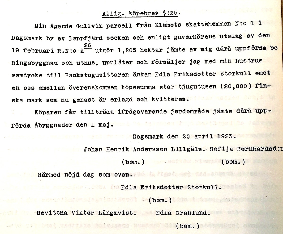 Kopia av köpebrevet då Edla Storkull den 20 april 1923 köpte Gullvik parcell med alla byggnader.