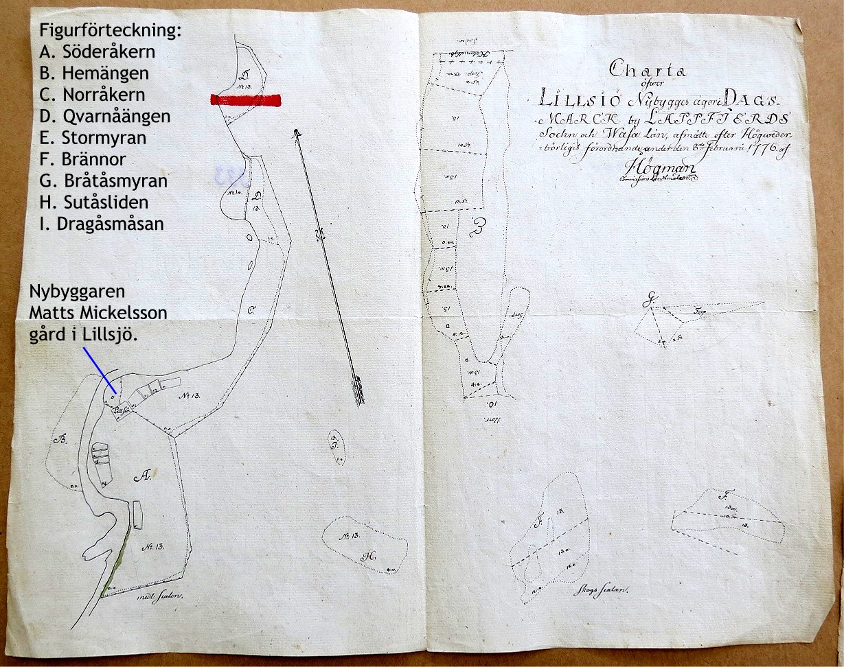 På figuren till vänster så syns det var nybyggaren Matts Mickelsson byggde sin gård i slutet på 1700-talet. Kartan är ritad år 1776 av lantmätare Högman "enligt Konungens Höga befallnings hafvandes utslag af den 6 april 1773.