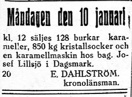 Lillsjö-Bagarin var en känd karamelltillverkare i Lillsjö men här vill länsmannen sälja hans maskin med tillbehör.