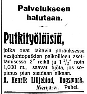 Henrik Liljeblad söker arbetare för att borra vattenledningar i mars 1927.