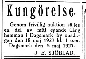 I maj 1927 sålde läraren Johannes Sjöblad ca 3 hektar av den övre delen av Lång hemman som har namnet Dragås åt bonden Emil Backlund och den mindre delen som har namnet Sjöbladas sålde han åt Viktor Söderqvist.