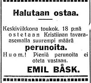 Emil Båsk som var bonde i Dagsmark men sedan bodde i Kristinestad, flyttade runt 1927 till Helsingfors och passade på att köpa upp potatis på stationen, troligtvis för att transporteras till huvudstaden.