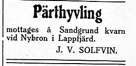 Johan Viktor Solfvin som var mjölnare och pärthyvlare vid Klemets Kvarn i Dagsmark mellan åren 1912-1922, fortsatte med hyvlandet efter att han hade flyttat till Lappfjärd.