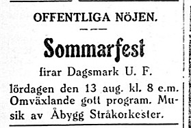 Åbygg Stråkorkester från Perus, som leddes av läraren Henrik Rosenback uppträdde ofta på Majbo i Dagsmark.