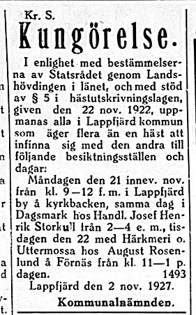 I kristider har hästar uttagits i tjänst och i november 1927 skulle alla som har mer än en häst föra den för att granskas.