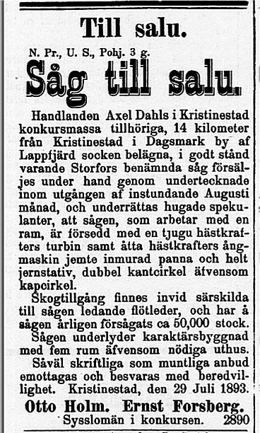 Den 1 augusti 1893 infördes denna annons i flera stora tidning, både på svenska och finska.