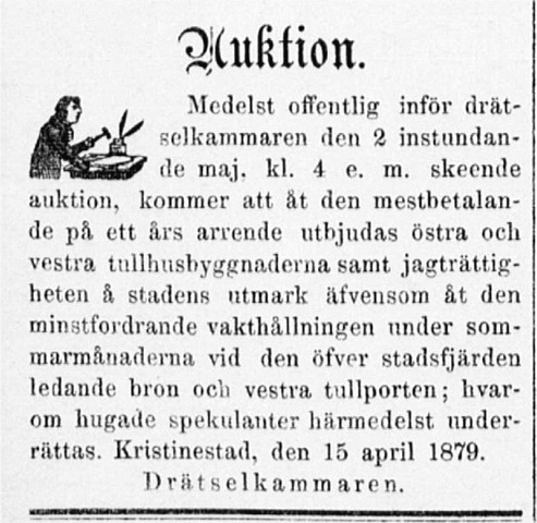 Flera intressanta saker skulle säljas på drätselkammarens auktion. Annons i Ahti 26.4.1879.