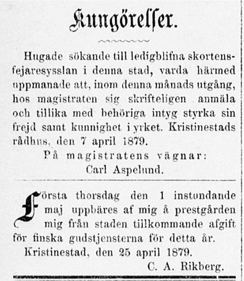 En yrkeskunnig "skortensfejare" söks i denna kungörelse i tidningen Ahti 26.4.1879.