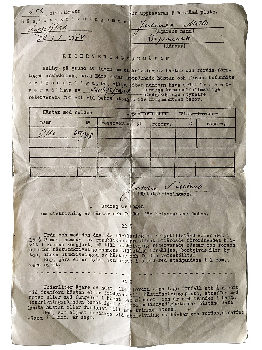 Den 22 januari 1944 fick Julanda Mitts ett brev där det meddelades att hennes häst Olle kommer att tas ut i krigstjänst. Brevet var undertecknat av hästutskrivningsman Johan "Pelas-Jåhan" Lillkull.