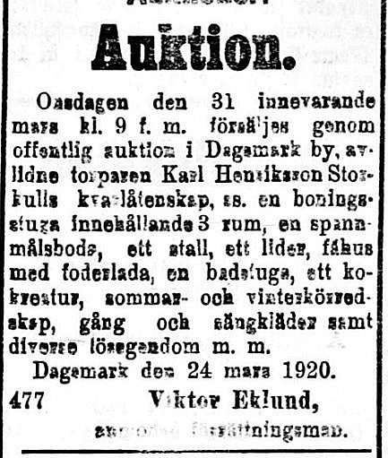 19200327 Viktor Eklund säljer torparen Karl Henrikson Storkulls gård och lösegendom